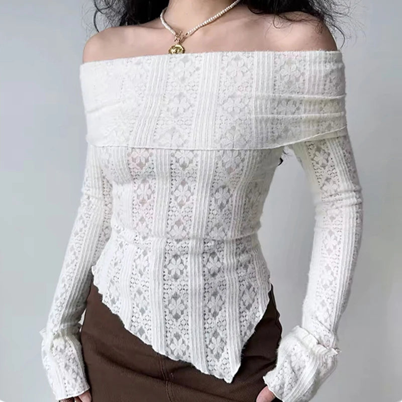 Hnewly y2k Lace Top Women Coquette Clothing See Through Off Shoulder Long Sleeve T Shirt 2000s Fairycore Clothes Streetwear