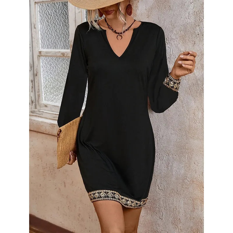 Hnewly  Black V Neck Mini Dresses Women Spring Autumn A-line Spliced Embroidery-hem Simple Commute Short Dress