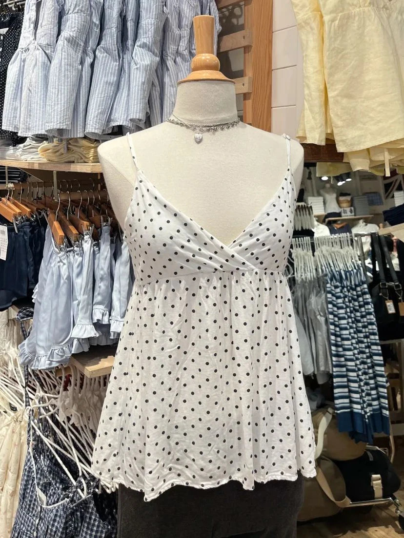 Hnewly  Polka Dot White Tank Top for Woman Summer Sexy V-neck Backless Cotton Camisole Female Casual All-match Slim Vest Sweet Tops New