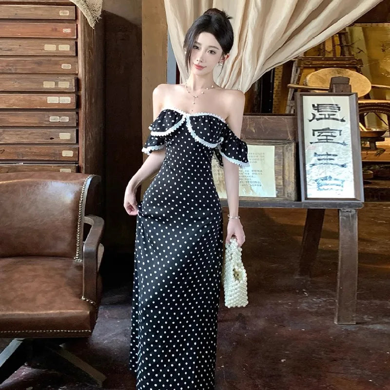 Hnewly  Woman Dress Vintage Sexy Polka Dot Ruffles Elegant Backless French Style Summer Fashion Sweet Party Dresses Female