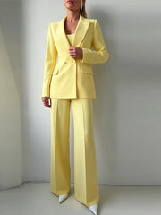 Hnewly  Elegant Solid Women's Blazer Trouser Suit Chic Long Sleeve Double-Breasted Cape Wide Leg Pants Fashion Female Outfits