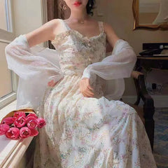 Hnewly Summer French Sweet Fairy Dress Women Elegant Pearl Button Floral Print Ruffles Party Female Kawaii Korean Cottagecore Dresses