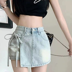 Hnewly  Fashion Bow Knot A-Line Denim Skirts Women Korean Asymmetrical Split Blue Skirt Ladies Summer New Basic High Waist Skirts Mujer
