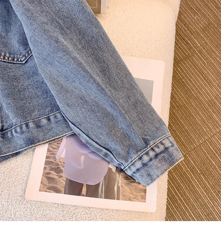 Hnewly  Nail Bead Denim Jacket For Women's Spring Autumn 2025 New Style Loose Versatile Long Sleeved  Turndown Collar Coat Top