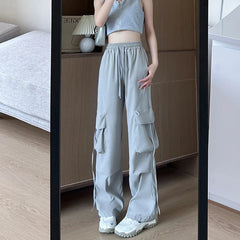 Hnewly  Bandage Street Woman Pink Solid Cargo Pants Spring American Pockets New Ladies Trousers Loose High Waist Female Wide Leg Pant