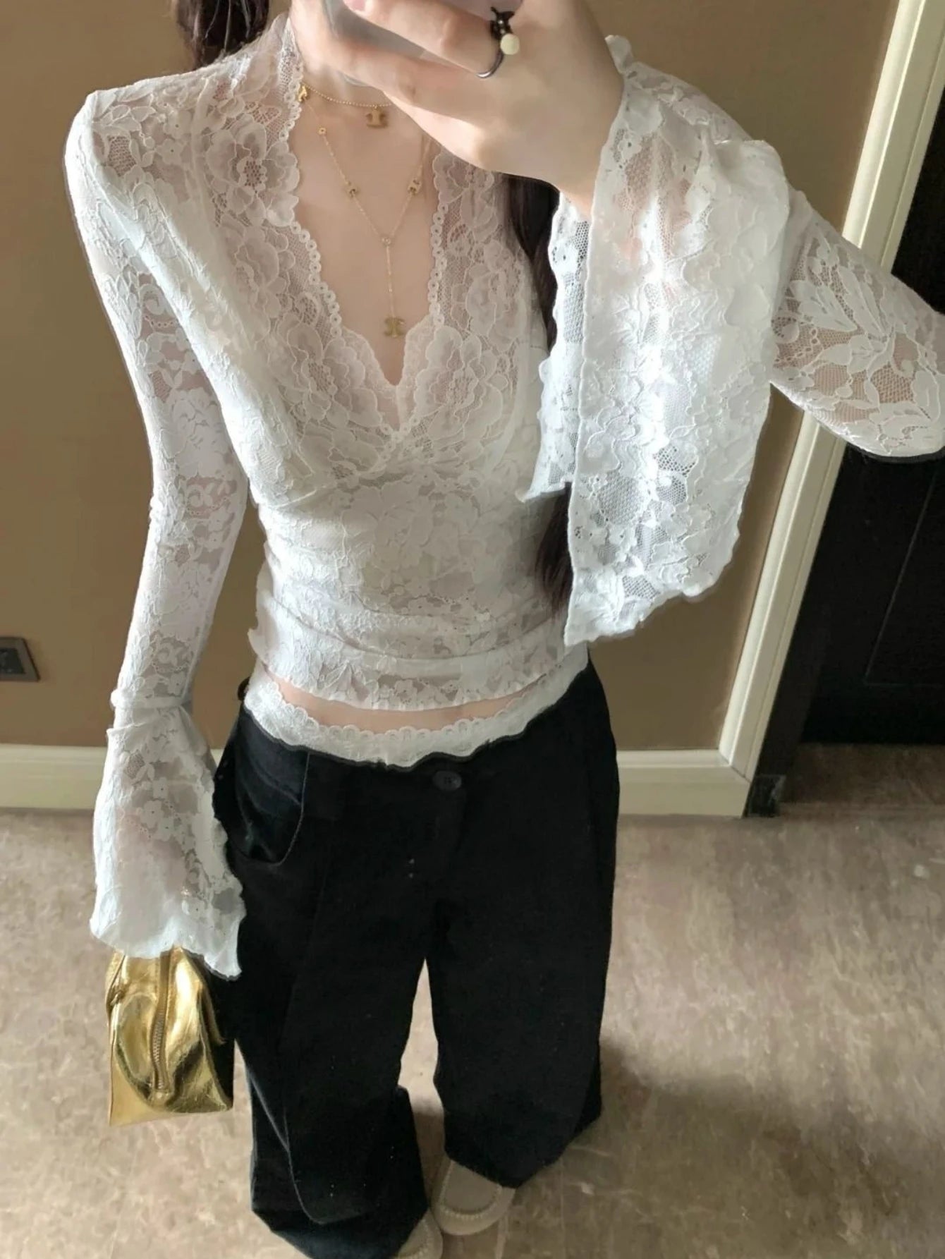 Hnewly  Women Y2K Fashion Casual Sexy V-Neck Flare Long Sleeve Sheer T-Shirts Lace Slim Tshirt Pullovers Acubi Tops Tees 2000s Clothes