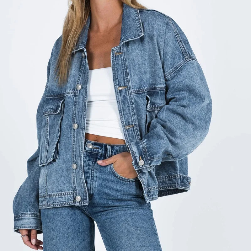 Hnewly Denim Jacket Women y2k Clothes Solid Color Turn-down Collar Single Breasted Long Sleeve Jeans Coat 2000s Streetwear