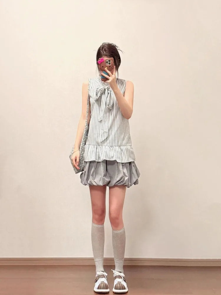 Hnewly  Summer New Elegant Striped Halter Sleeveless Shirts Women+ Y2k Fashion High Waist Floral Bud Skirts Two Piece Sets