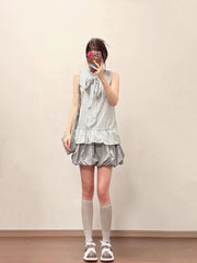 Hnewly  Summer New Elegant Striped Halter Sleeveless Shirts Women+ Y2k Fashion High Waist Floral Bud Skirts Two Piece Sets
