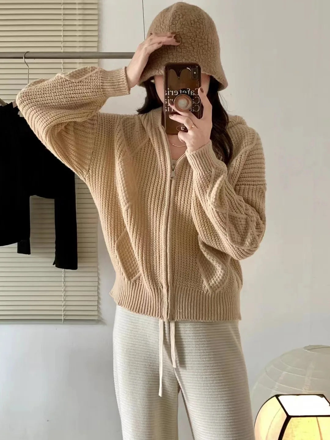 Hnewly  Women Zip Up Knit Cardigan Hooded Zipper Front Sweater Jacket Hoodie Teen-girl Fall Winter Casual Outfit