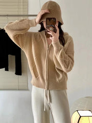 Hnewly  Women Zip Up Knit Cardigan Hooded Zipper Front Sweater Jacket Hoodie Teen-girl Fall Winter Casual Outfit
