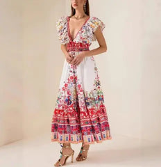 Hnewly  New Women's Elegant Deep V - Neck Dress Flutter Sleeve and Floral Pattern Sleeveless Ruffle Vintage Maxi Dress