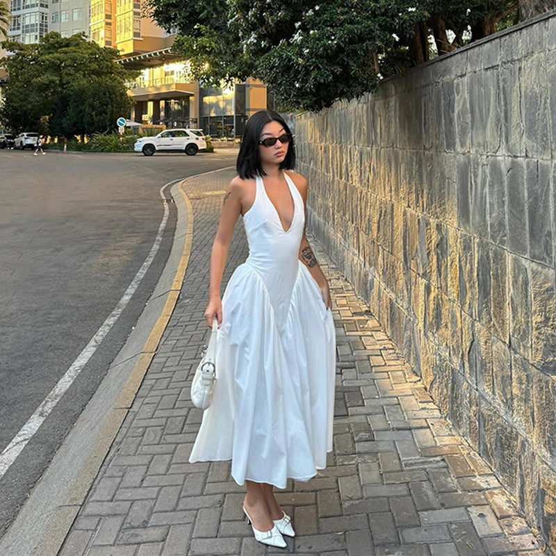 Hnewly Casual Y2K Backless Long Dress Elegant Slim Fit Hanging Neck Design Summer For High Street Commuting Evening Sexy Gown