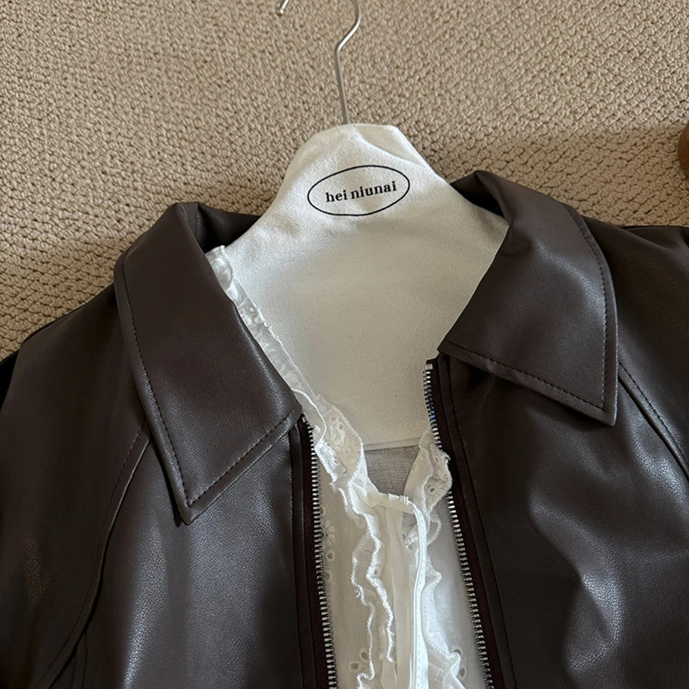 Hnewly  Retro Chic pu Leather Jacket Women's 2025 Spring Autumn Fashion Lapel Versatile Windproof Sweet&Cool BF Style Female Outerwear