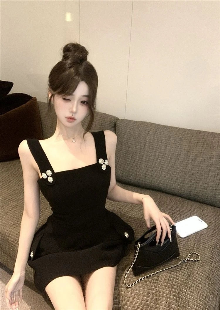 Hnewly  Woman Dress Sleeveless Square Collar Slim Elegant Vintage Temperament Summer Fashion Mini Dresses Female Party Sexy