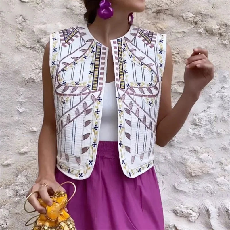 Hnewly Waistcoat Vest y2k Clothes Women Boho Embroidery Round Neck Sleeveless Open Front Jacket Tops 2000s Clothing Streetwear