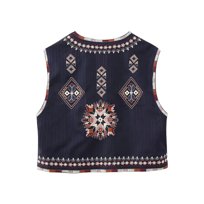 Hnewly Waistcoat Vest y2k Clothes Women Boho Embroidery Round Neck Sleeveless Open Front Jacket Tops 2000s Clothing Streetwear