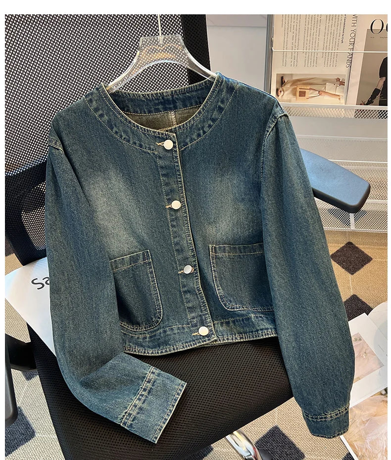 Hnewly  Light Blue Retro Denim Jacket Women's Spring Single Breasted Loose Cardigan Short Top Autumn O-Neck Long Sleeve All-Matched Top