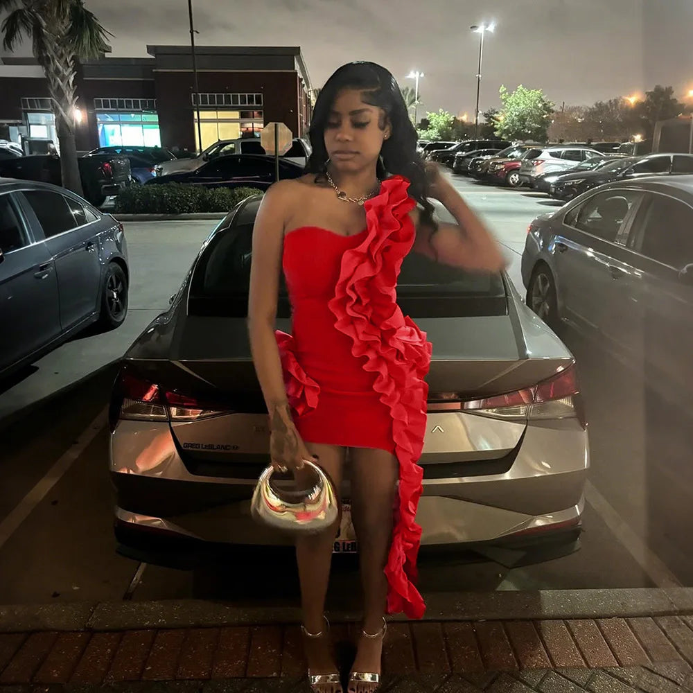 Hnewly  Ruffle Party Red Dress Mini Evening Club Wear Dresses Women Sexy Bodycon Elegant Cocktail Sleeveless Dress