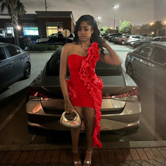 Hnewly  Ruffle Party Red Dress Mini Evening Club Wear Dresses Women Sexy Bodycon Elegant Cocktail Sleeveless Dress