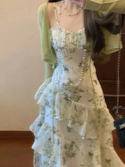 Hnewly  Elegant Floral Slim Waist Ruffles Camisole Cake Dress+ Summer Long Sleeve Cardigan Coat Women New Two Piece Sets
