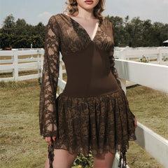 Hnewly  Sexy Lace A-Line Dress Women Spicy Girl Style Long-Sleeved V-Neck Slim Splicing High-Waisted Mini Dress Autumn Winter New