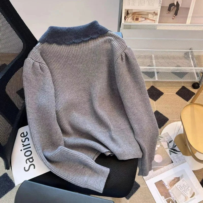 Hnewly  Women's Spring Autumn Sweater New Elegant Grey Lapel Long Sleeve Single Breasted Slim Fashion All-Match Short Coat