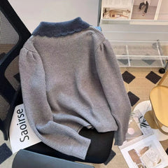Hnewly  Women's Spring Autumn Sweater New Elegant Grey Lapel Long Sleeve Single Breasted Slim Fashion All-Match Short Coat