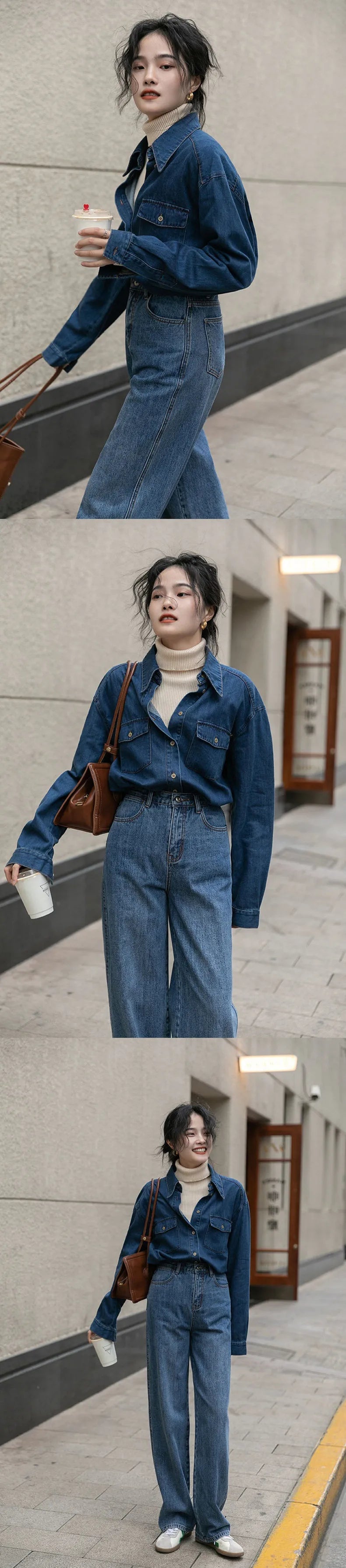Hnewly  Women Denim Shirt Long Sleeve Polo -Neck French Retro Spring Autumn New Korean Style Slim Washed Denim Coat Femal Casual Shirt