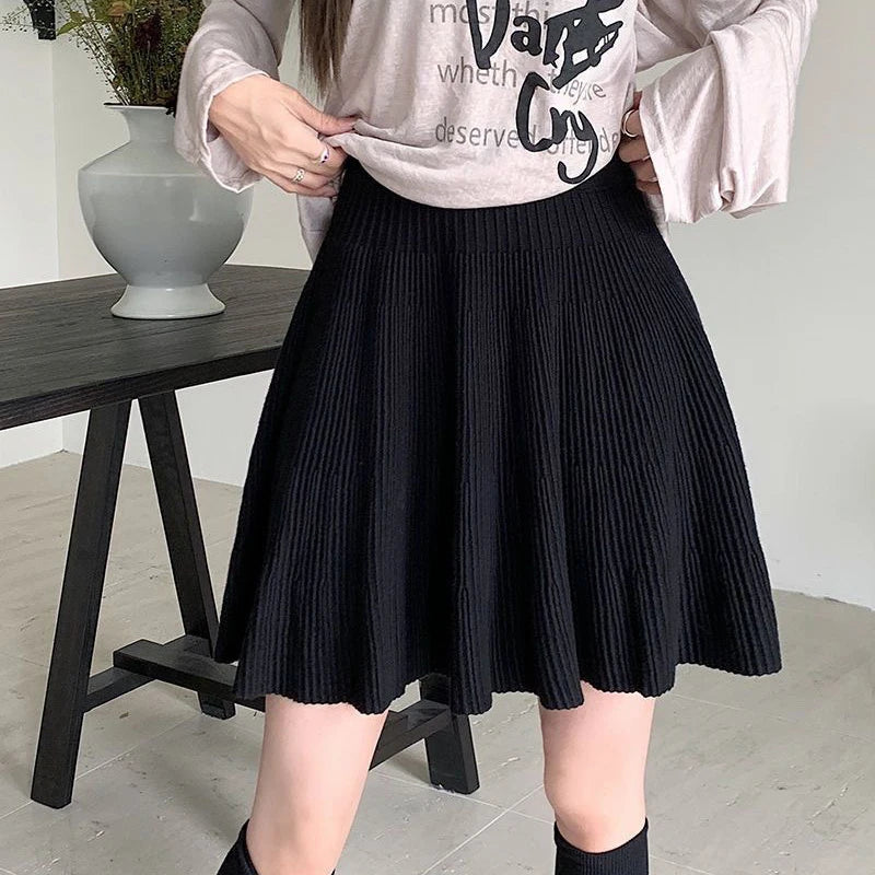 Hnewly  Autumn Winter Knitted White Mini Skirts Women Korean High Waist A Line Pleated Skirt Woman Preppy Style All Match Short Skirts