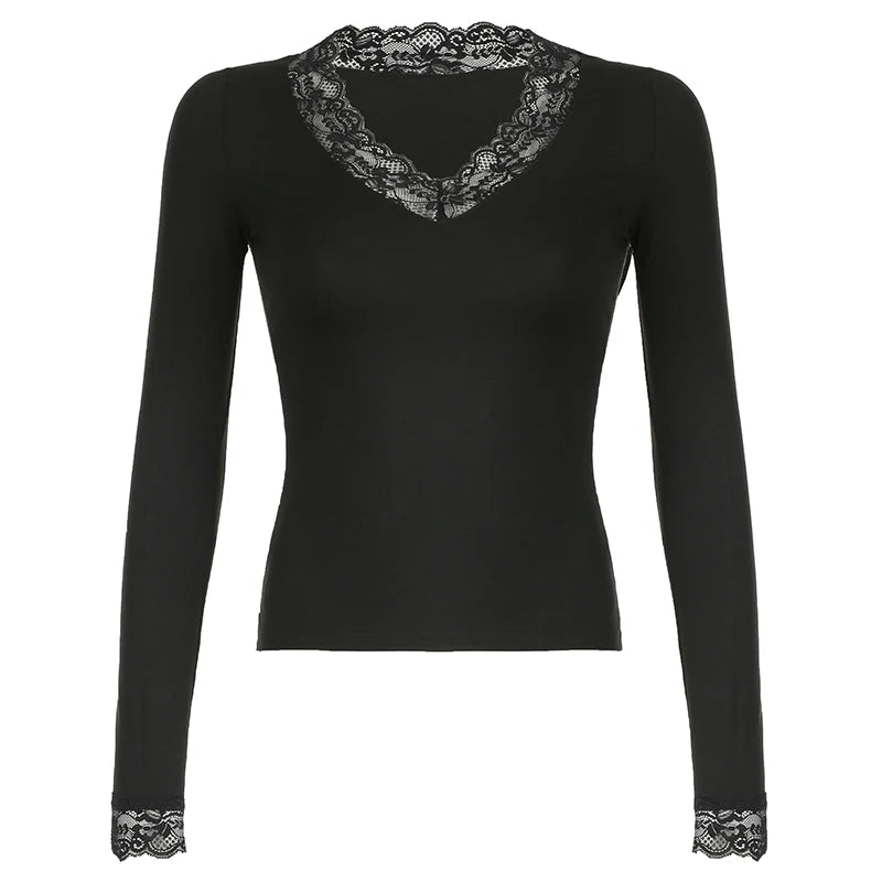 Hnewly 2025 spring fashion trend Lace Patchwork Solid Slim Tee Shirts Long Sleeves V-neck Aesthetic Fashion Clothes Vintage Streetwear Black Tops