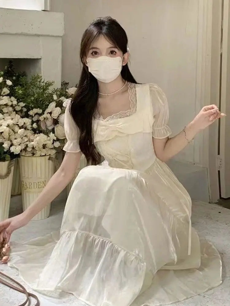 Hnewly  Women Dresses Square Collar Bow Bandage Ribbon Puff Short Sleeve Bow Princess Sweet Elegant Female Dress Casual