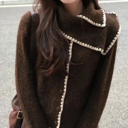 Hnewly  Women Vintage Irregular Scarf Collar Cardigan Harajuku Casual Button Grunge Sweater Y2k Aesthetic Knitted Patchwork Cardigans