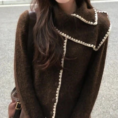 Hnewly  Women Vintage Irregular Scarf Collar Cardigan Harajuku Casual Button Grunge Sweater Y2k Aesthetic Knitted Patchwork Cardigans