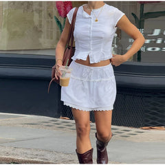 Hnewly  Casual Ruched Shirt Skirt Sets Women O-neck Short Sleeve Crop Blouses Spliced A-line Skirts Summer Lady Vacation Outfits