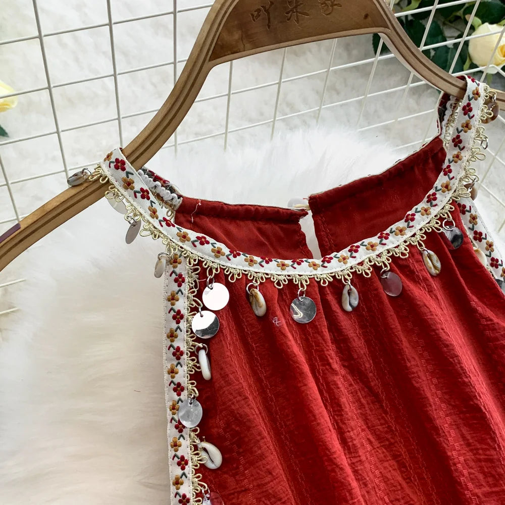 Hnewly  Bohemian Vacation Style Red Dress Design Sense Tassel Irregular Loose Dresses French Style High-end  Sleeveless Long Dress
