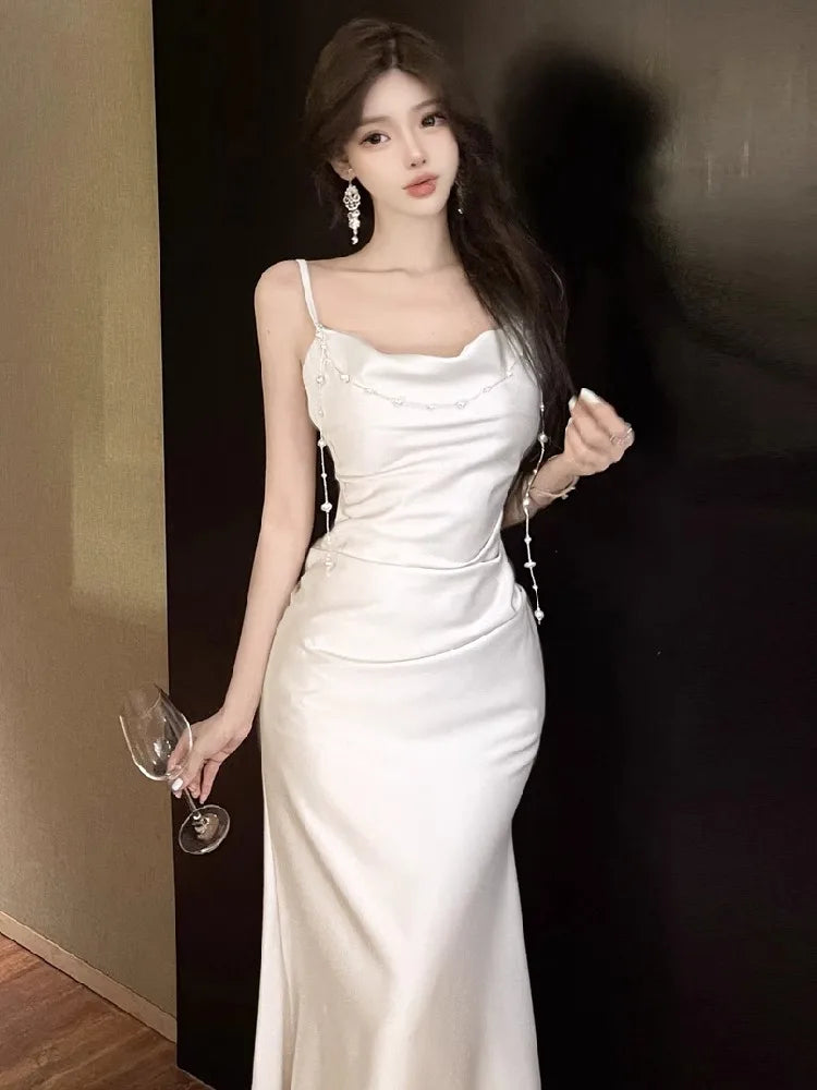 Hnewly  Sexy Dresses Women Sleeveless Slash Neck Satin Elegant Slim Summer Fashion Temperament Party Dress Female Sexy Backless