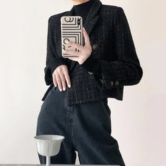 Hnewly  Tinaa Luxury Black Jackets Women Short Loose Fit Notched Long Sleeve Spliced Double Breasted Elegant Party Coat