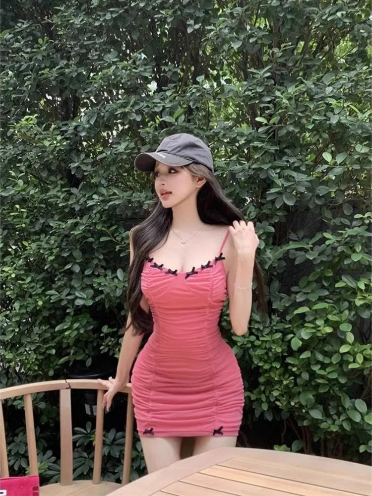 Hnewly  Woman Dress Bow Sleeveless Slash Neck Sexy Ruched Backless Summer Fashion Chic Mini Dresses Elegant Party Female