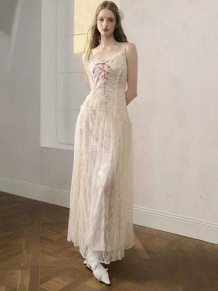 Hnewly Elegant Lace Patchwork Camis Dress Women Summer Sexy Backless Hollow Out Midi Dress Y2K Fashion Lace Up Streetwear Vestidos