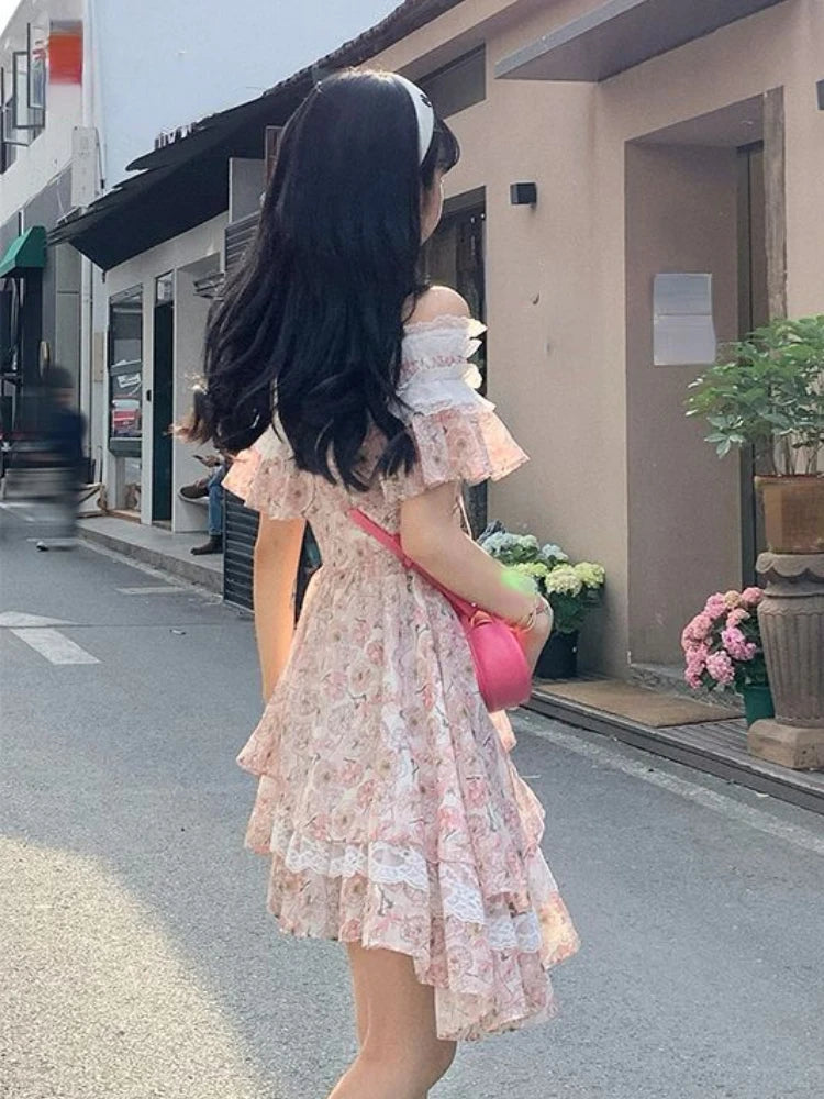 Hnewly Summer Sweet Floral Lace Irregular Dress Women Beach Style Elegant Y2k Dress Casual One Piece Dress Korean Fashion Outwear