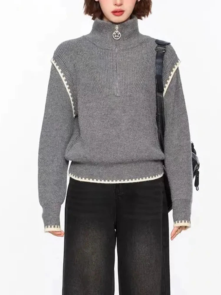 Hnewly Streetwear Retro Gray Sweaters Women Loose Harajuku Long Sleeve Knitted Pullover Y2K American Turtleneck Vintage Jumper New