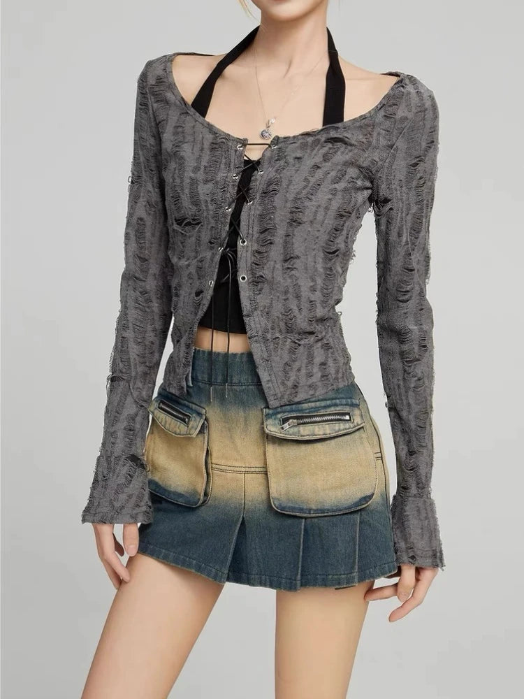Hnewly  Destressed Two Piece Set Lace-up Cardigan with Cami Women's Y2K Grunge Crop Long Sleeve Criss Cross Knit Tops Acubi Outfit