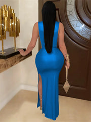 Hnewly  Cutenew Sexy Ruched Silky Dress Women Sleeveless Waistless Metal Button Ribbon Side Split Party Midnight Club Wedding Bodycon