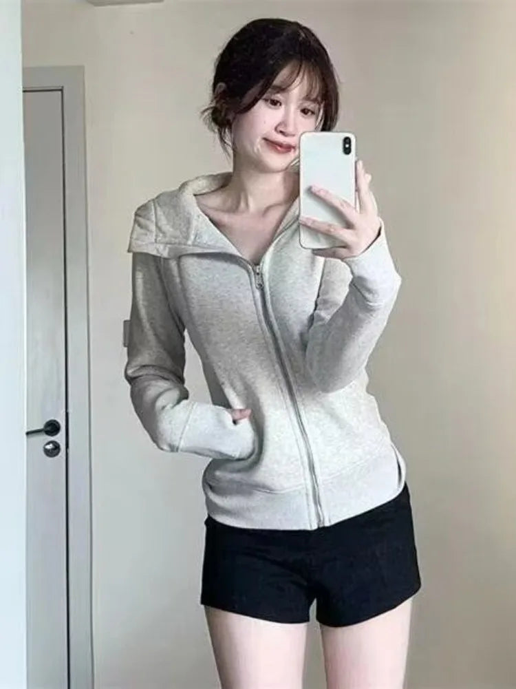 Hnewly 2025 Autumn New Cardigan Coat Women Y2k Slim Fit Black Hooded Sweatshirt Fashion All-match Long Sleeve Zipper Tops Mujer Jacket