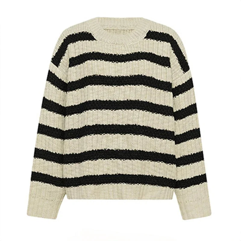 Hnewly  Striped Crew Neck Sweater Women Pullovers Long Sleeve Crewneck Knitted Jumper Ladies Fall Winter Casual Outfit