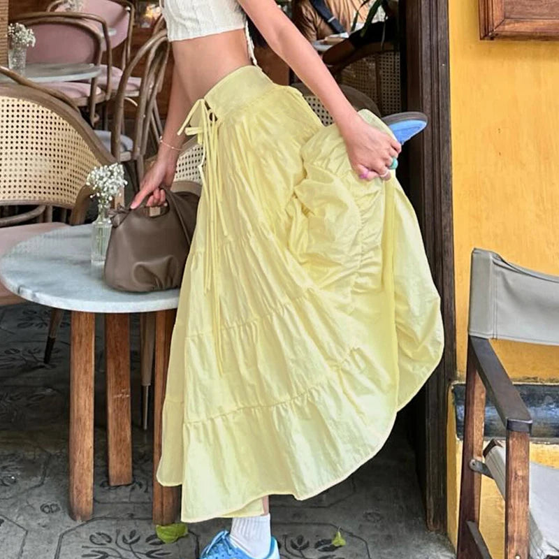 Hnewly Cute Fairycore Bow Stitching Skirt Summer Holiday Casual Loose A-line Long Skirts for Women y2k Aesthetic Ladies Clothing