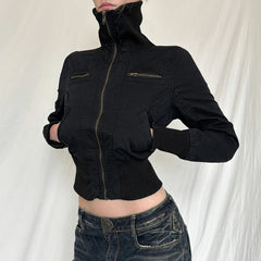Hnewly Streetwear Black Zip Up Jacket Autumn Winter Turtleneck Full Sleeve Cropped Jackets for Women y2k Vintage Ladies Outwear
