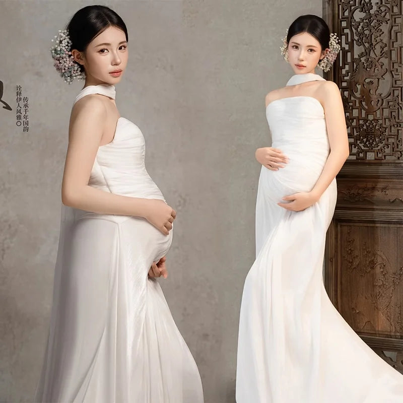 Hnewly  Maternity Photography Gown Long Dress Vintage Oil Painting Style High-End Feeling Off-Shoulder Photography Studio Clothes