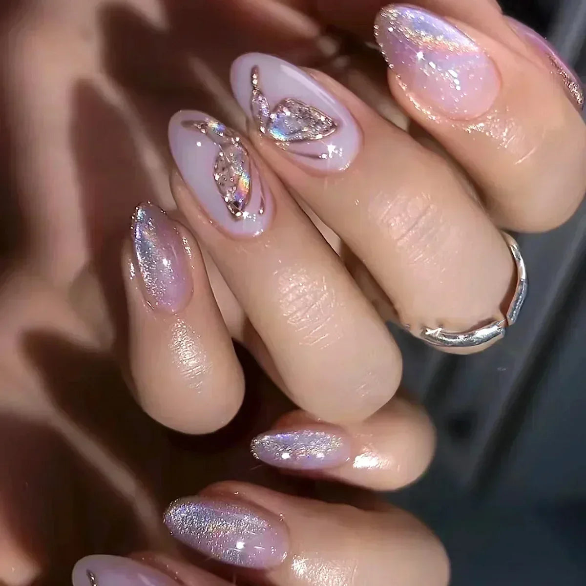Hnewly 24Pcs Pink Almond French Press on Nails With 3D Bow ripple charms Design Fake Nails Ballerina False Nails Full Cover Nail Tips